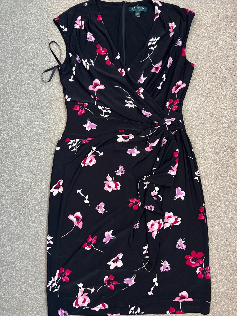 LAUREN Ralph Lauren Black Floral Faux-Wrap Midi Dress